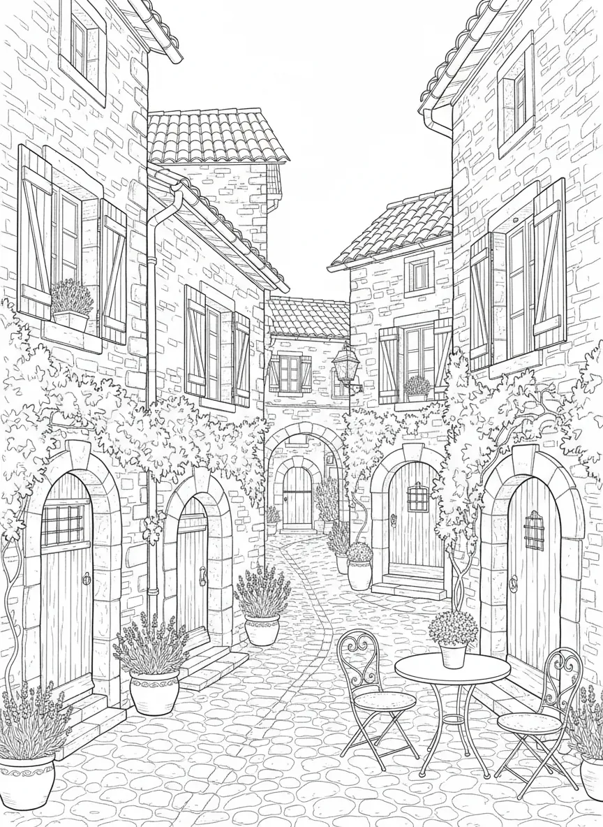 Coloriage adulte facile ruelle provençale lavande volets Provence Sud France PDF